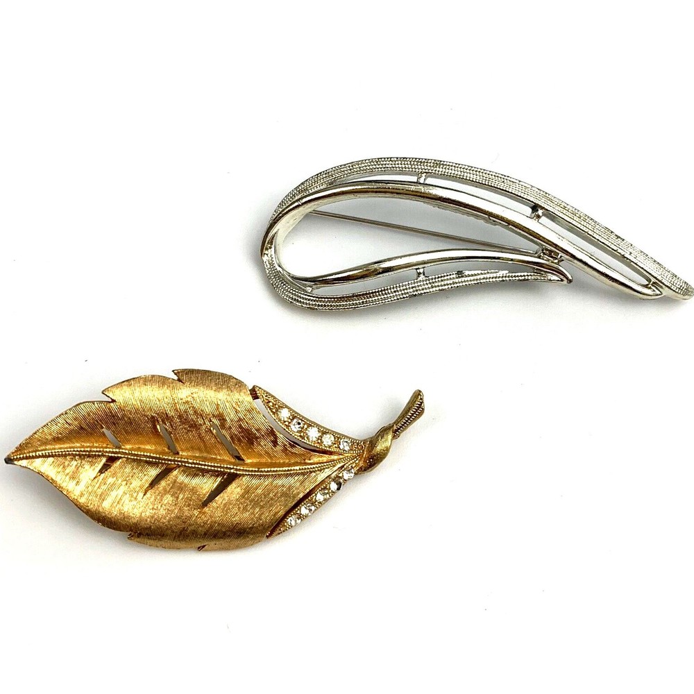 Sarah Coventry JJ Brooch Lot Brushed Gold Tone Clear Rhinestone Leaf Abstract